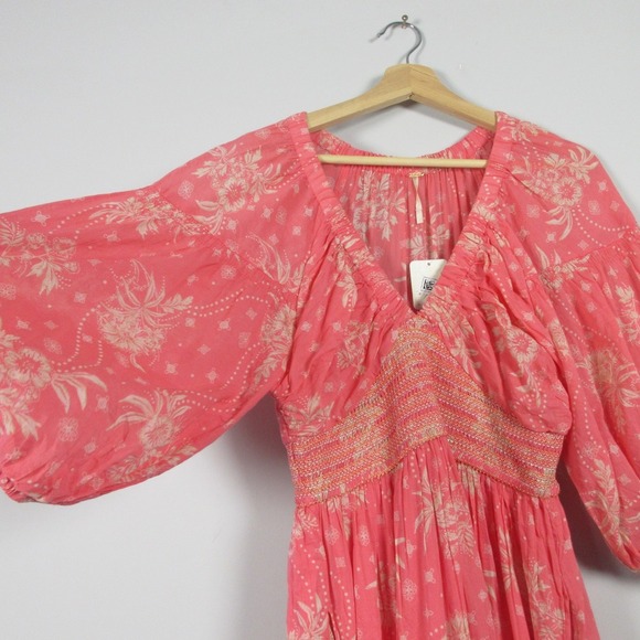 Free People Golden Hour Smocked Bodice Cotton Maxi Dress XS Pink Boho Summer 362 - Picture 4 of 13